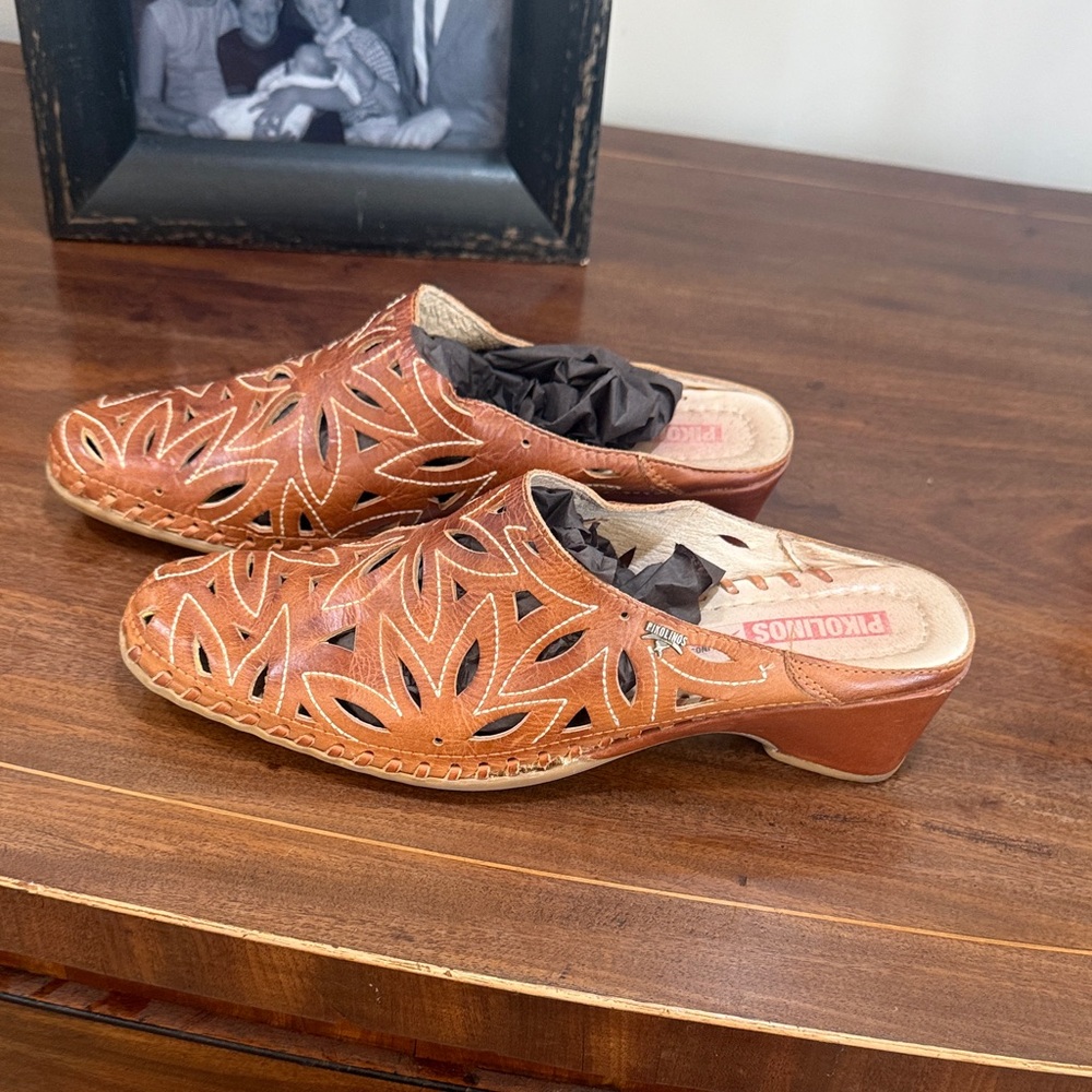 PIKOLINOS Brown Leather Cutout Mule Clogs Size 39
